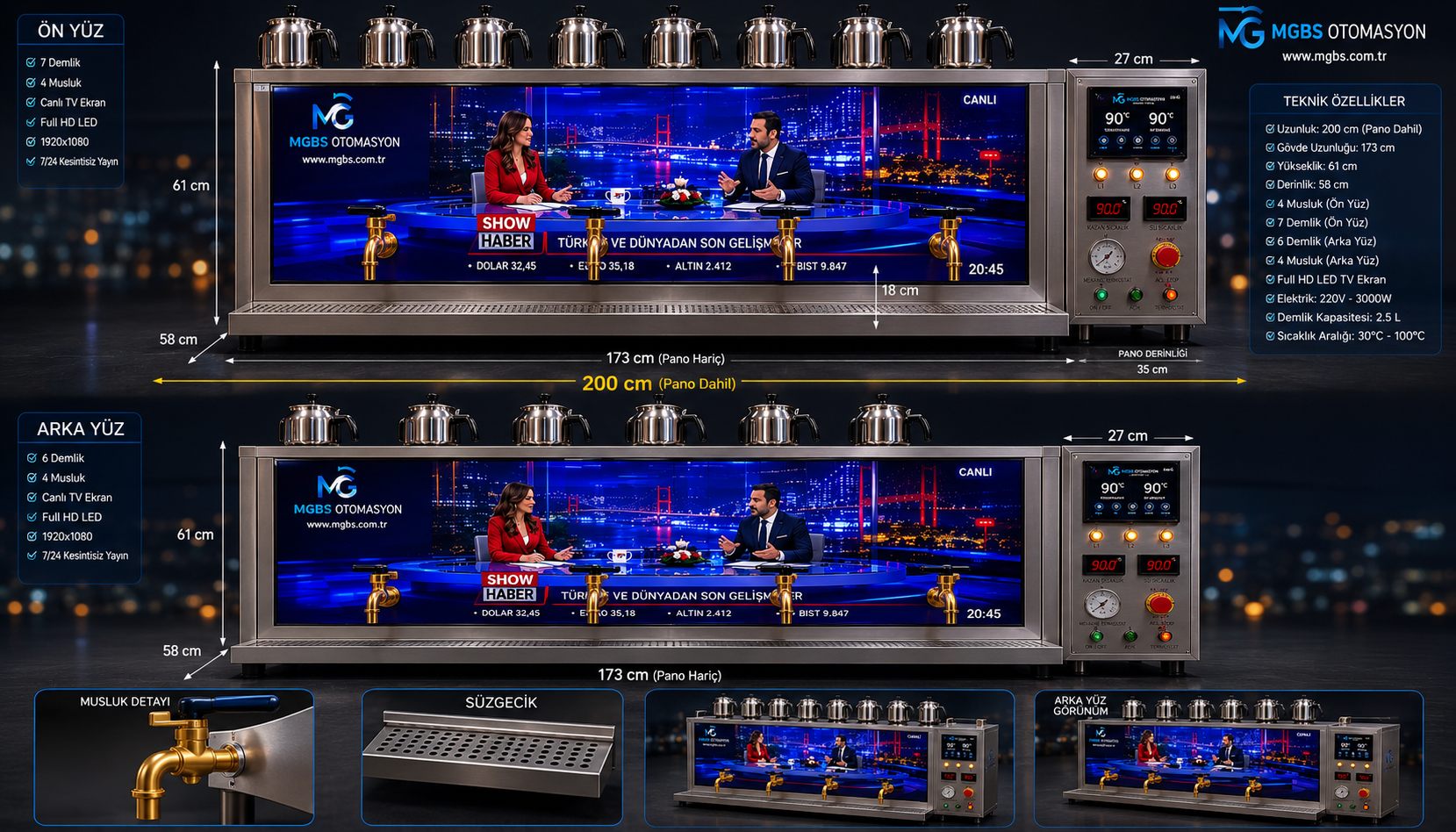 KX-9000 MATRON çift yüz TV ekranlı endüstriyel çay kazanı