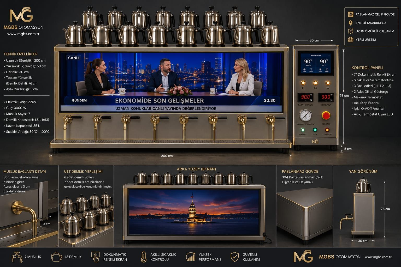 TV ekranlı çay kazanı - 7 musluk 13 demlik altın kaplama detaylı model